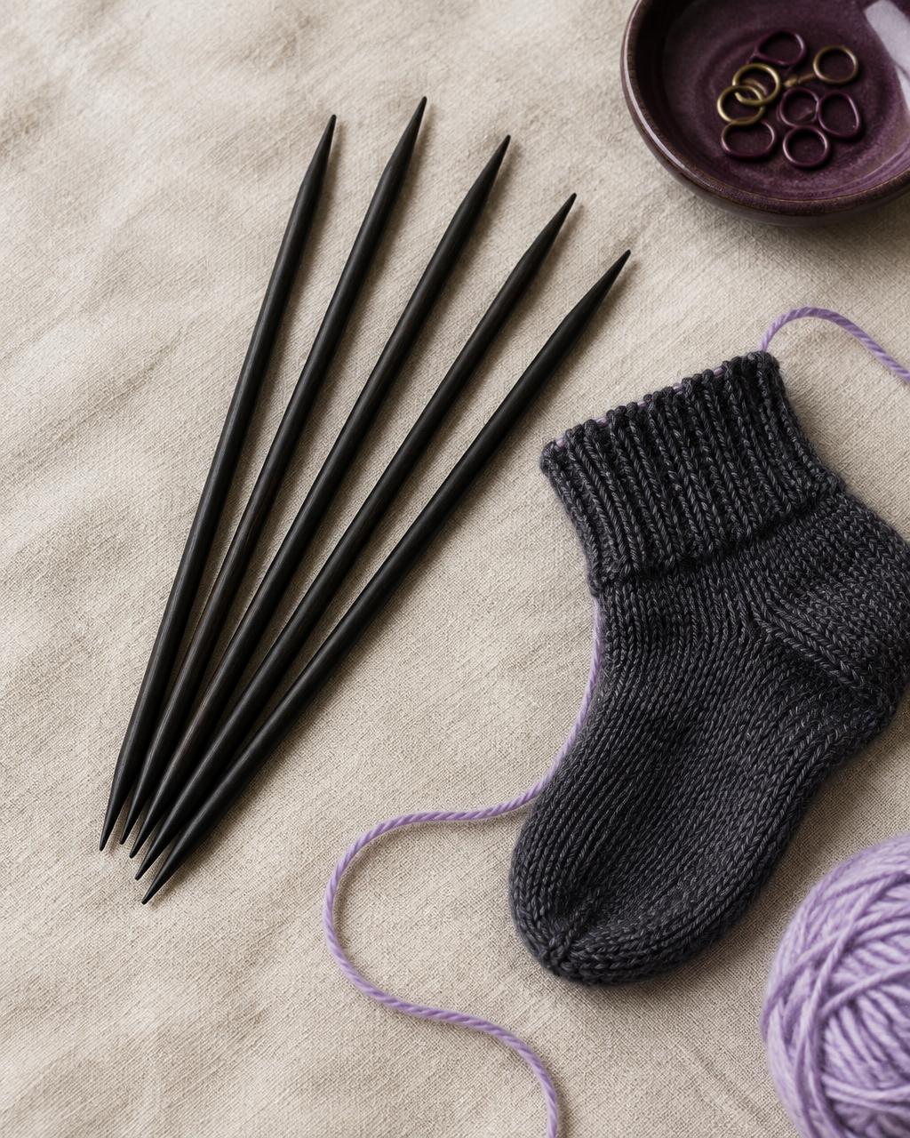Five Aura ebony double-pointed needles beside a charcoal knitted sock