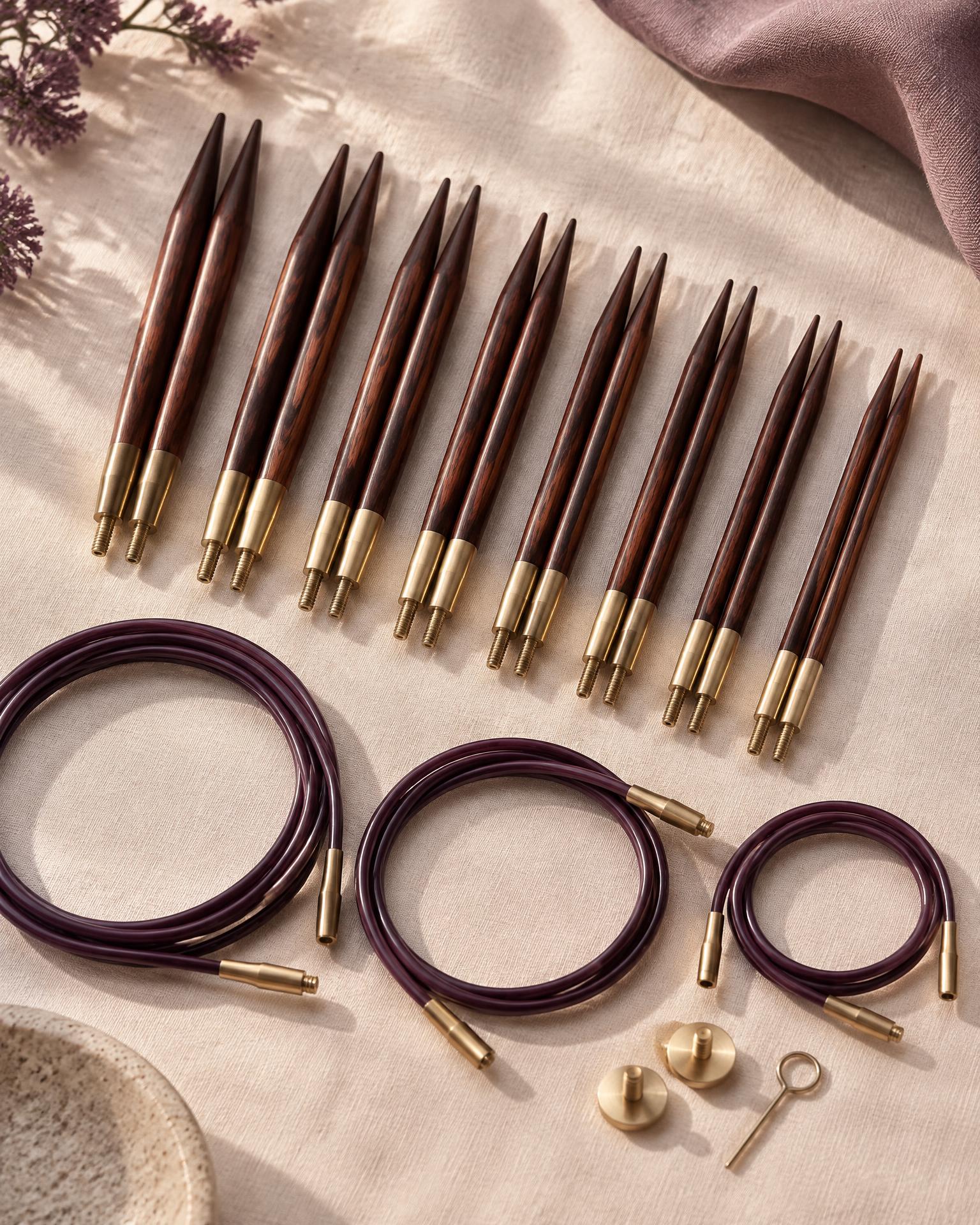 Complete Aura rosewood interchangeable needle set with brass connectors and plum cables