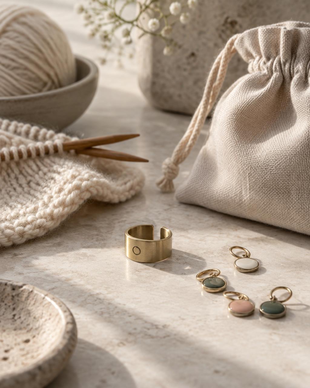 Linen pouch and brass studio notions in soft light